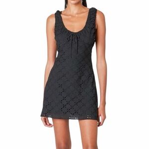 Nia Cedar Cotton Eyelet Mini Dress Ruched Tie Front Sleeveless Black XS NWT